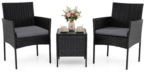 COSTWAY 3-Piece Patio Bistro Set, PE Rattan Furniture Set with Soft Cushions & Tempered Glass Top Table, Outdoor Furniture Wicker Conservatory Set for Patio, Balcony (Black+Grey, 56 x 56 x 81cm)