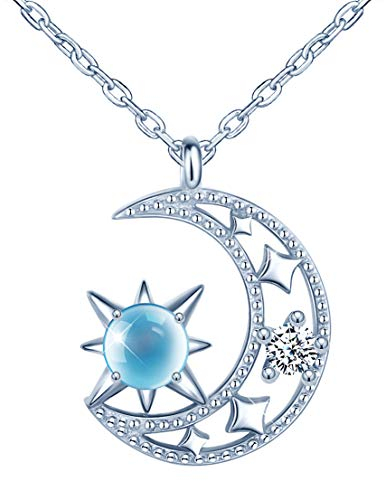 Unendlich U Damen kette Halskette 925 Sterling Silber Zirkonia Blau Sterne Hängen am Mond Anhänger Allergenfrei Verstellbare Kette,Silber