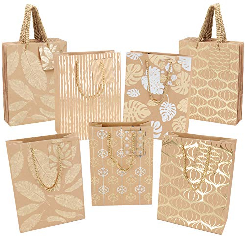 Belle Vous Braune Geschenktüten Papier mit Gold & Silber Metallic Design, Golden gedrehte Henkel & Etiketten (15 Pack) Kraftpapier Geschenktüten 18 x 8,5 x 24 cm für Geburtstag, Hochzeit, Baby Shower