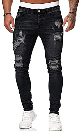 Onsoyours Pantalon en Denim De Coton À Trous Droits pour Hommes Slim Stretch Jean Déchiré Hommes Skinny Slim Fit Jeans Extensible Rétro Pantalon Jeans A Noir XL