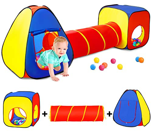 SENODEER Kids Play Tent with Ball Pit+Play Tunnel+Teepee Tent, Pop Up Toddlers Playhouse for Boys and Girls Gift, Collapsible Children Play Tent Toy Indoor and Outdoor Games (Colorful Fort)
