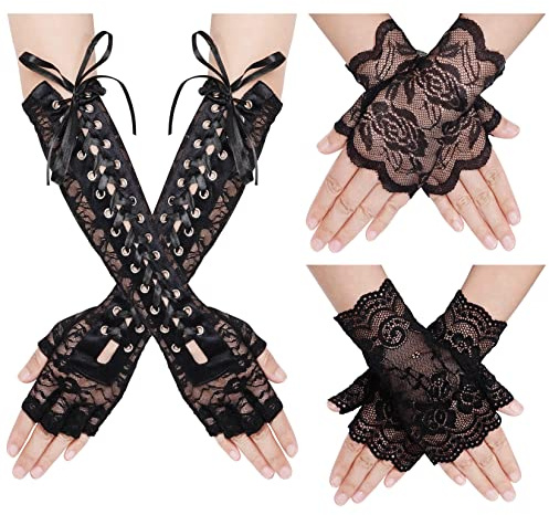 baotongle 3 par spetsiga fingerlösa handskar set, damer långa med snöropera, fest, armbågar, snören, ångpunk, handskar för karneval, kostym, bröllop, maskerad, temafest, svart, En Storlek