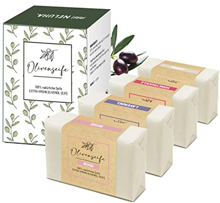 NELUHA Olivenölseife 4er Set Lavendel Rose Honeysuckle Jasmin mit Mandelöl natürliche Seife ohne Zusatzstoffe für Haut Haar und Rasur Duschseife Plastikfrei Olivenseife Geschenkset