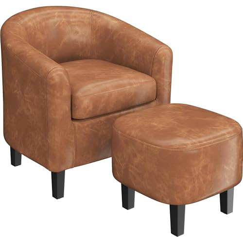 Yaheetech Accent Chairs with Ottoman, Faux Leather Barrel Chairs, Brown