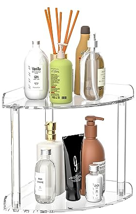 Sezanrpt Moderno estante organizador de esquina de acrílico transparente de 2 niveles, 18 x 18 x 21 cm, organizador de almacenamiento de tocador de baño y cocina para el cuidado de la piel, cosméticos
