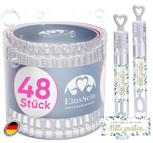 EinsSein 48 Seifenblasen Hochzeit Herzgläschen Liebe liegt in der Luft - Bitte pusten Gold-grün Set Weiss Aufkleber Set Weiss Gastgeschenke für die Hochzeit, Taufe - seifenblasen mit Freudentränen