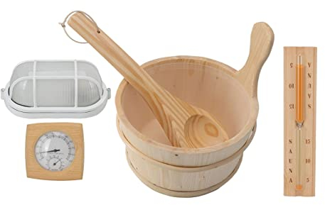 Sauna Wooden Bucket Spoon Kit, Sauna Equipment and Accessories, Bucket Kit Bath Bucket Spoon Hygrothermograph Explosion Proof Lamp Hourglass Set with Liner Steam Room Wooden