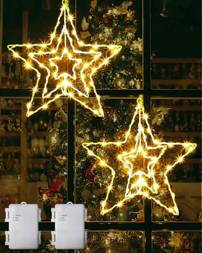Joysing Weihnachtsdeko Fenster 2 Stück Weihnachtsstern Fenster Batteriebetrieben mit Timer, Drehbar LED Stern Wasserdicht Weihnachtsbeleuchtung 3 In 1 Leuchtstern für Innen Außen Weihnachten Deko