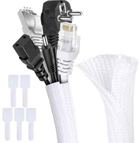 Adiwo Manchon de Câble Gaine Cable, 2 Mètre Range Gaine Câble Tressé en Pet,19 mm Protection du Cache-câbles pour Fil Télé/PC/USB/Audio/Vidéo - Blanc