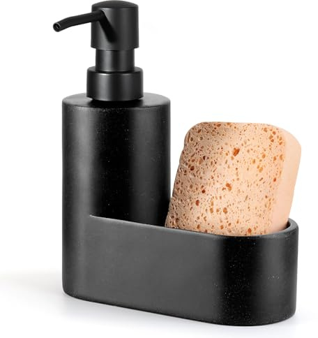 Shinowa Dispenser di Sapone per Piatti con Supporto per Spugna, Riempibile Distributore di Sapone da Cucina, Erogatore di Sapone da Banco 2 in 1 per Lavello di Cucina e Bagno, Nero Ghiaia