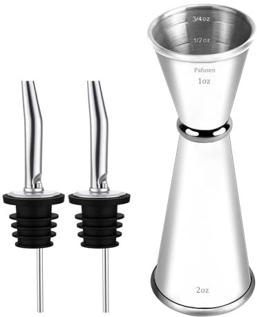 Pafusen Jigger per Bartending, Jigger professionale giapponese da cocktail, Jigger 56,7 g 28,3 g con misure all'interno, acciaio inossidabile 304 di alta qualità (argento, 1 misurino + 2 versatori)