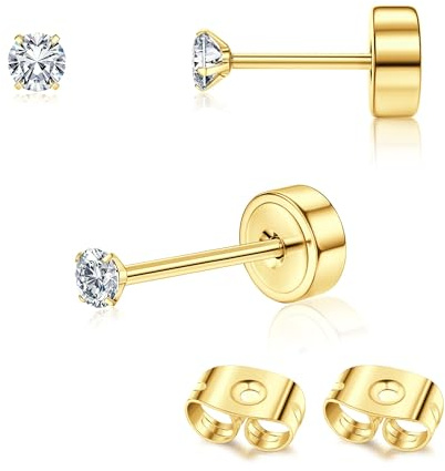 Adramata 2 st titanörhängen för kvinnor och män platt baksida örhängen 14K guld titanörhängen små broskörhängen tragus helix piercing smycken push in titanörhängen 2/3/4 mm