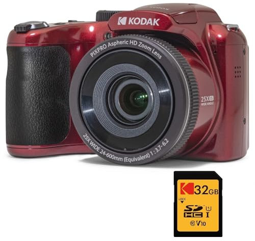KODAK Pixpro Astro Zoom AZ255 + SD Memory Card 32 GB – 16 MP Digital Bridge Camera, 25X Zoom, 1080p HD Video, 24 mm Wide Angle, 3 LCD Screen, AA Battery – Red