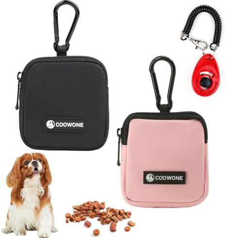 COOWONE Dog Treat Pouch 2 Pcs with Training Clicker, Waterproof Small Dog Treat Bag for Lead, Hands Free Dog Walking Bag with Carabiner, Dog Poop Bag Holder for Pet Puppy Travel or Outdoor Use
