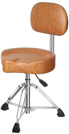 Augioth Drum Throne with Backrest Padded Hydraulic Drum Chair Height Adjustable Drum Stool with Stable Bass Comfortable Memory Foam Drum Seat for Adult Drummers Guitar Players Light Brown
