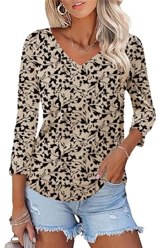 Rapbin Women Blouses 3/4 Length Sleeve V Neck Tunic Tops Floral Boho Shirts | Ladies Bohemian Casual Loose Fit 2026 Summer Autumn Solid Elegant T Shirts Lightweight Modern Blouse
