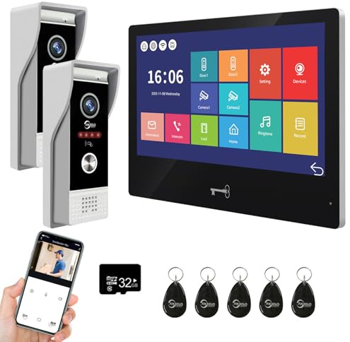 Sistema citofonico cablato dell'appartamento del videocitofono, monitor di tocco di WiFi 10 pollici con la macchina fotografica del campanello 1080P, sblocco della carta di ID (2 campanello+1 monitor)