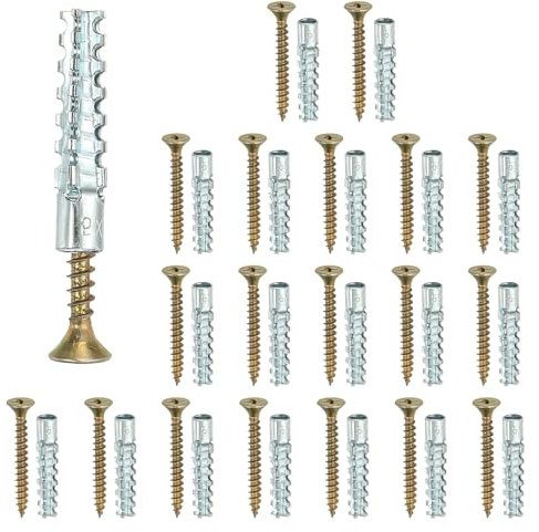 PATIKIL 20 Pcs Anclajes para Pared Hueca con Tornillos 0.16 x 1.38, Kit de Anclajes para Drywall de Acero para Reparación de Agujeros en Madera, Concreto y Yeso, Plateado (5 x 30mm)