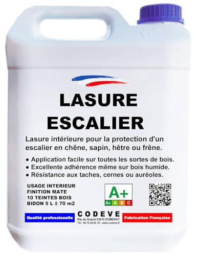 Lasure Escalier - Codeve Bois/Incolore - 5L - Intérieur - Pour La Protection D'un Escalier En Chêne, Sapin, Hêtre Ou Frêne.
