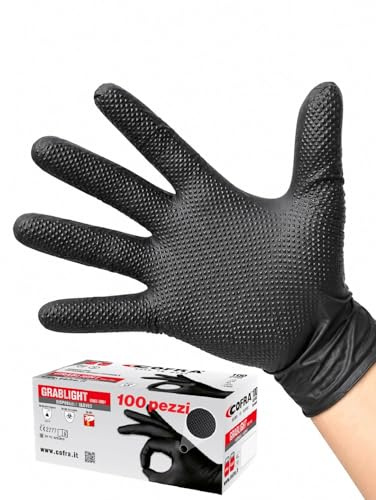 COFRA Guanti in Nitrile Nero Monouso Professionali con Finitura Diamantata Taglia L, 100 Pezzi, Guanti da Lavoro, Ultra Grip Extra Spessi, Protezione Chimica e Contatto Alimenti, Officina Meccanico