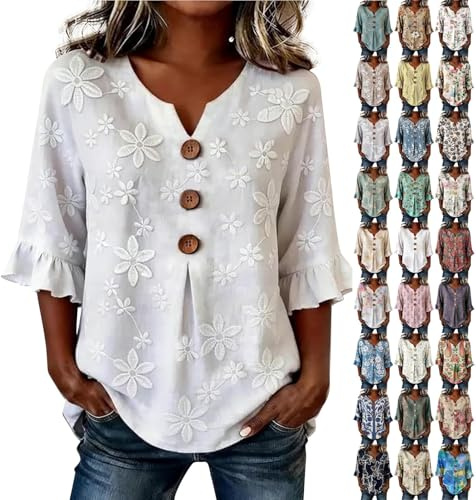 Chemisier Femme Chic et Elégant Rose Manche 3/4 Coton et Lin Tunique Femme Grande Taille Col V Boutonné Blouse Haut Ete Casual Ample Tee Shirt Longue Vetement Chemise Gris foncé Jaune Bleu foncé L 3XL