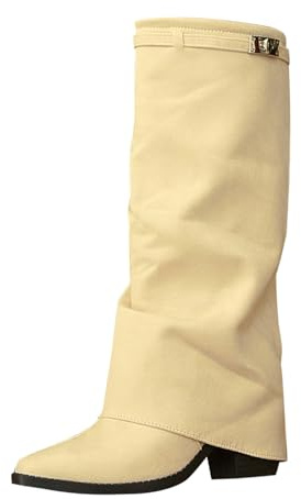 Botas holgadas de gamuza para mujer con hebilla de tacón de bloque hasta la rodilla | Botines de vaquero occidentales con puntera redonda y pliegues, para otoño e invierno