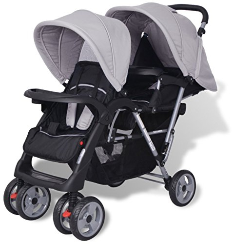 Festnight Geschwisterwagen Kinderwagen Geschwisterkinderwagen aus Stahl + Oxfordgewebe für 1-2 Kinder bis zu je 15kg - Grau und Schwarz