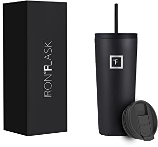 IRON °FLASK Classic Tumbler 2.0 – 2 Deckel (Straw Flip), vakuumisolierte Edelstahl-Wasserflasche, doppelwandig, Trinkbecher, Reisebecher – Mitternachtsschwarz, 24 oz