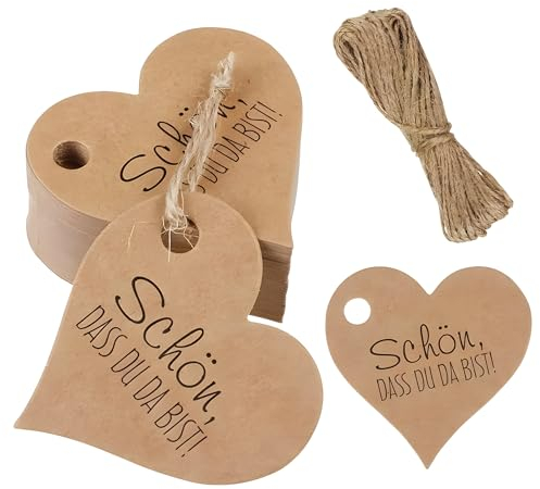 Acrebow Kraftpapier Anhänger, 100Stk. Herz Kraftpapier Geschenkanhänger, SCHÖN DASS DU DA BIST Etiketten Herzanhänger mit Schnur für Valentinstag Hochzeit Geschenke
