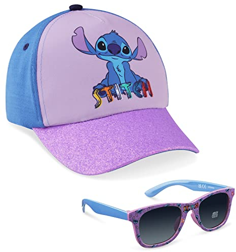 Disney Stitch Sonnenbrille Set mit Baseball Cap Mädchen Verstellbar Sonnenschutz Kappe UV400 Sonnen Brille Geschenke für Kinder (Lila Stitch)