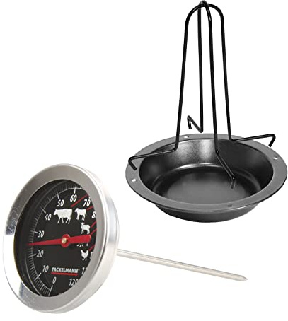 Fackelmann Set de Utensilios para Barbacoa, Incluye 1 Soporte Especial para Asar Pollo de 19 cm y 1 Termómetro de Cocina Profesional para Asados, 14 cm