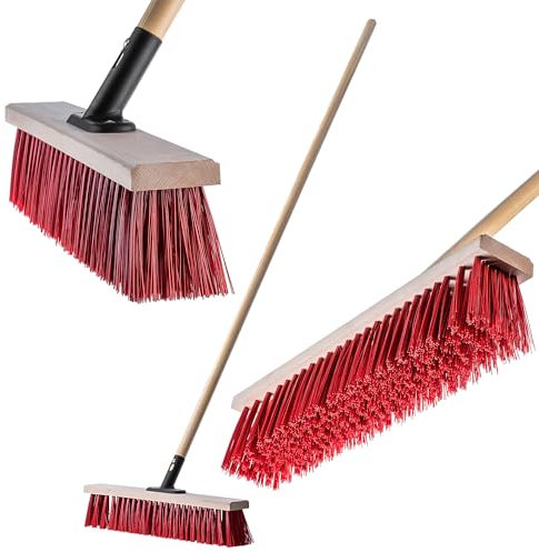 KADAX Balai de rue à long manche en bois et nylon avec support de manche en métal, large balai industriel confortable, sable, différentes tailles, 50 cm, rouge