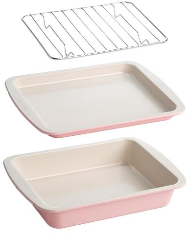 Tasty Nonstick Toaster Oven Baking Set Includes Cake Pan, Oven Tray, Rack, Carbon Steel Bakeware, 3-Piece Set, Pink
