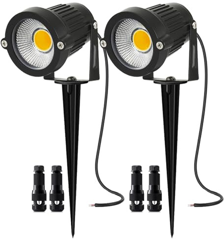 AHSELLUS 2Pack Low Voltage Landscape Lights LED 5W Landscape Lighting with connectors AC/DC 12V-24V Outdoor Spotlight IP66 Waterproof Tree Flag Lights Warm White Spotlights for Yard Garden Pathway