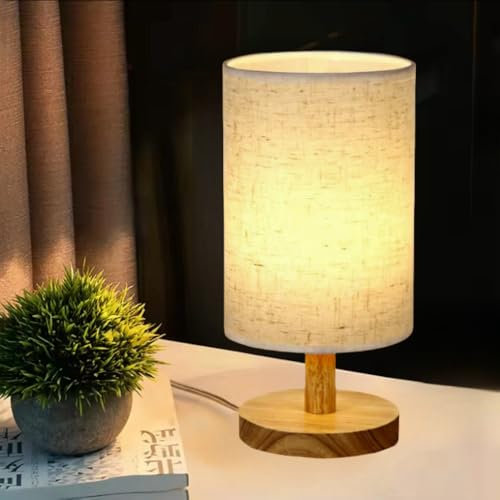 SurezoTich Bedside Lamp, Warm Light Small Table Lamps, 3-Way Dimmable Table Lamp, with Flaxen Fabric Shade and Wooden Base, for Bedroom Living Room Nightstand Office