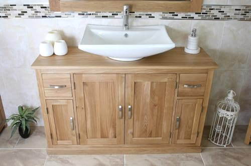 Wooden Bathroom Vanity with Sink and Drawers - Natural Oak Bathroom Sink Cabinet Wash Basin - Double-Door Vanity Unit with Chromed Mixer Tap - Large Rectangle Ceramic Bowl with Oak Top (40216)