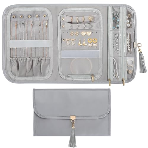 Emibele Organizador Joyas Viaje Para Mujeres, Bolsa Almacenamiento Portátil Cuero Impermeable Rollo Joyas, Estuche Joyas Viaje Plegable Sin Enredos Para Collar Arete Pulsera Anillo, Gris