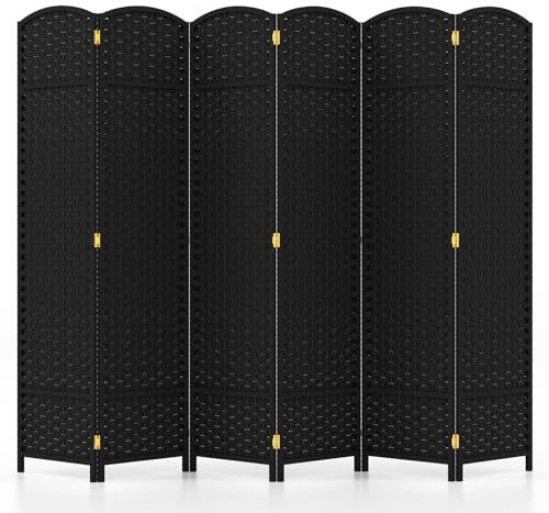 COSTWAY Paravent 240 x 170 cm, skiljevägg rumsavdelare med handvävd textur och massiv träram, vikbar rumsavdelning, insynsskydd för vardagsrum, sovrum, balkong (svart)