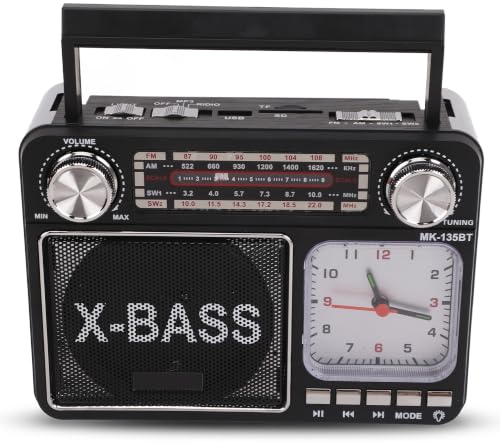 AM FM SW bandradio, liten retro vintage radio med ljusur, Bluetooth-högtalare, hörlursuttag, USB TF-kortstöd, 3 strömförsörjningsalternativ (EU-kontakt)