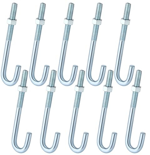 Yaocom 10 Pcs J Bolt with Nut 3/8-16 x 5 Galvanized Steel Concrete Anchors Bolts Cement Post Fastener Washer Bracket Hardware for Concrete Pad Pouring Wood Outdoor Lamp Post Flower Pots Projects