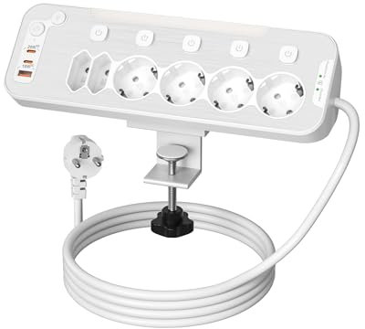 Tischsteckdose mit Schalter,PD 20W Schreibtisch Steckdosenleiste mit USB C, 6 Fach Mehrfachsteckdose Einzeln Schaltbar, Wandmontage Steckerleiste Überspannungsschutz Steckdose Tisch 2M Kabel,Weiß