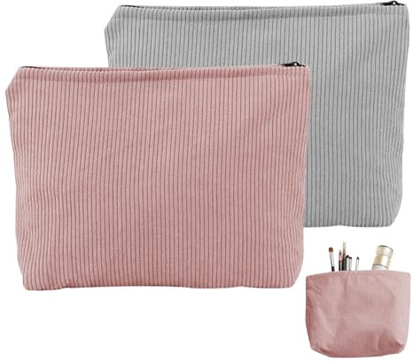 FOSDICK 2 Stück Kosmetiktasche, Kleine Make Up Tasche, Makeup Bag mit Reißverschluss, Cord Schminktasche, Tragbar Make Up Bag, Cosmetic Bag für Skincare, Kosmetika, Toilettenartikel(Grau,Rosa)