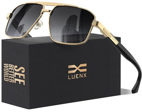 LUENX Aviator Sunglasses for Men Square Polarized Polygon Shades Driving UV 400 Protection 60mm-Gradient Grey Lens Gold Metal Frame Glossy Temple