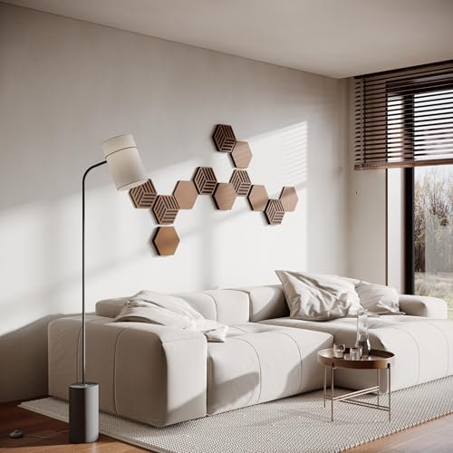 12 Pack — Acoustic Wood (HDF) Wall Decor Panels | 3D Mosaic wall Pazzle | Decorative Panels for for Home Theatre, TV Wall, Podcasts | DIY Wall Decor Art [ HEXAGON, Cherry ]