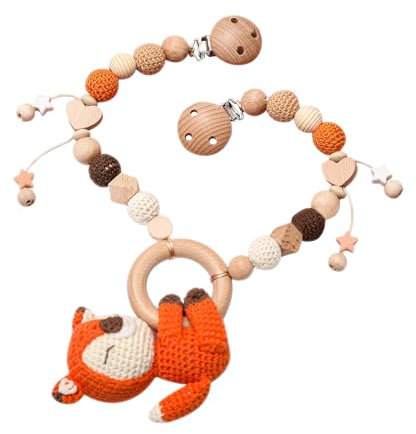 Kingbar Pram Chain, Wood And Cotton Crocheted Animal Decor, Pram Chain For Baby Seat, A
