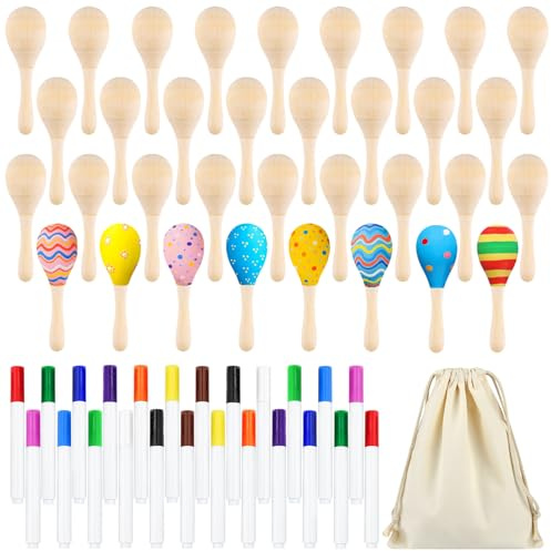Morcheiong 19 Pcs di Maracas in Legno per i Bambini, Favori per la Festa Mexicana del Cinco de Mayo, Materiali per la Festa, con 12 Penne Multicolori e 1 Borsa di Archiviazione c