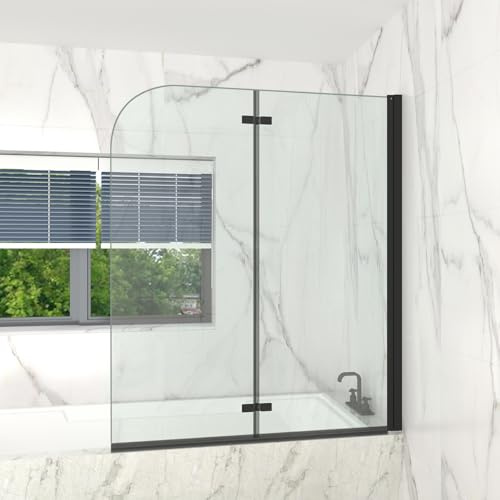 T&K Bath Screen Bifold Shower Panel Black 1200x1400mm 2 Section Folding Shower Screen 5mm Toughened Double-Sided Easy Clean Glass 180° Pivot Bathroom Shower Door