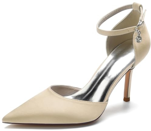 DANOBAB Eleganti Scarpe da Donna con Punta Affusolata, Tacco Alto, Fibbia, Cinturino, in Raso - Scarpe da Sera, per Matrimoni, Feste E Sposa,Champagne,40