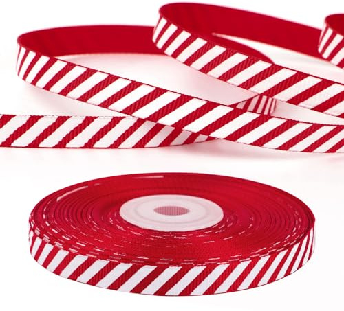 GEBETTER 1cm*22m Ruban Noël à Rayure Rouge Blanc pour Emballage Cadeau Fabrication de Nœud Artisanat Décoration Noël