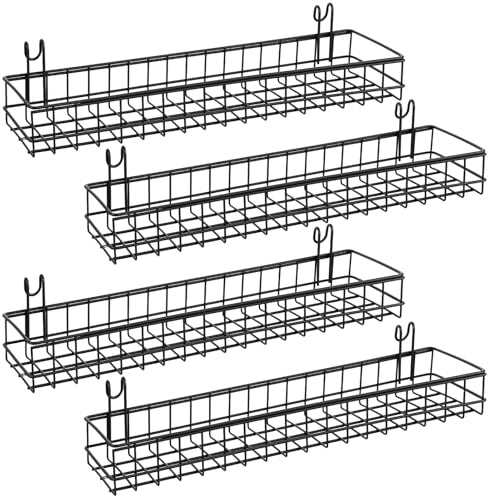 PercyEffie 4 Pcs Black Metal Grid Wall Baskets with Hooks, Hanging Wire Storage Organizer Shelf for Kitchen Bathroom Office, 15.75 x 3.94 x 1.97 Inch